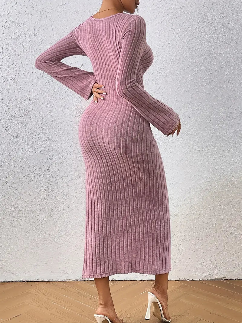 Sukienka dzianinowa midi z długim rękawem jasnoróżowa