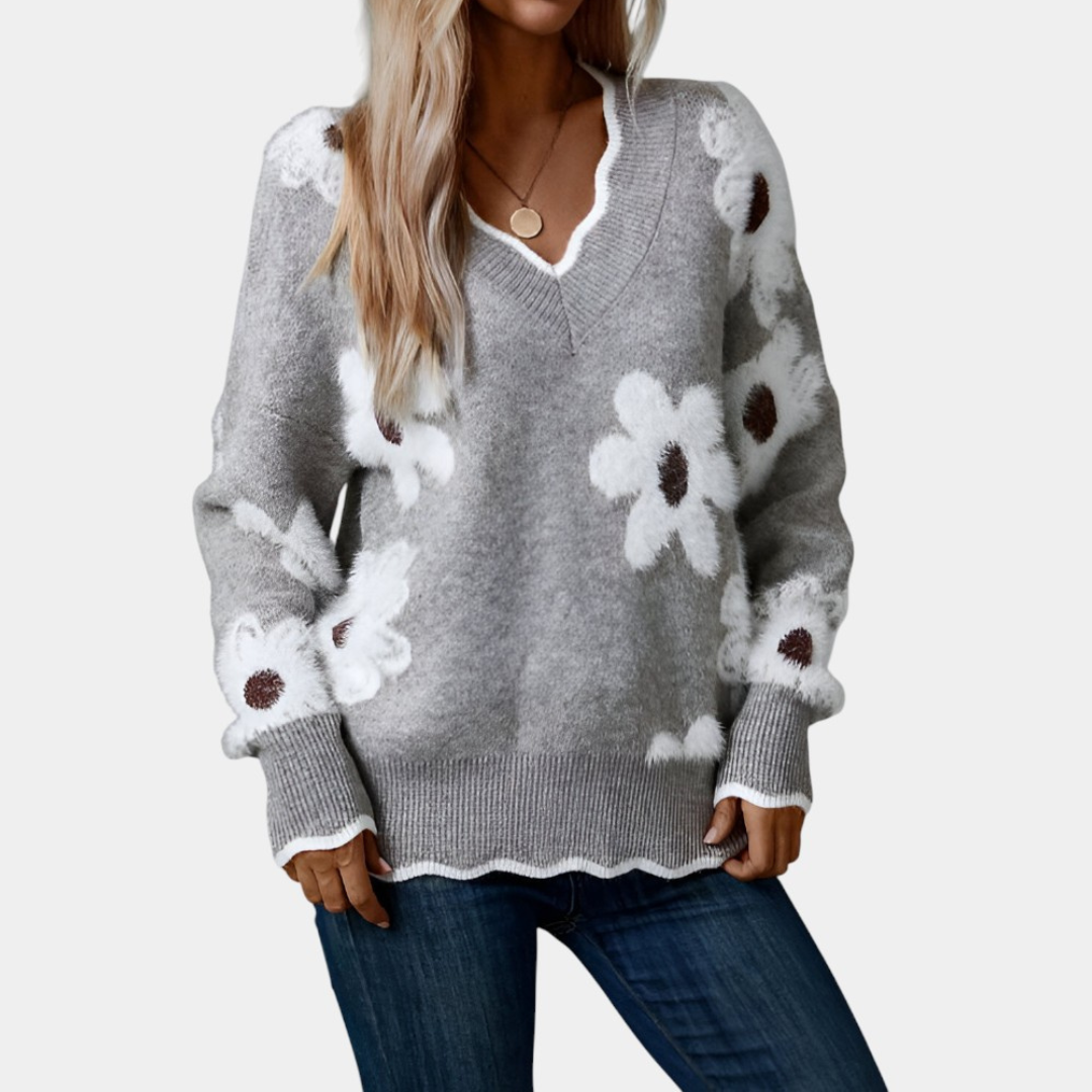 Felicja - Elegancki Sweter z Dekoltem w Serek w Kwiaty