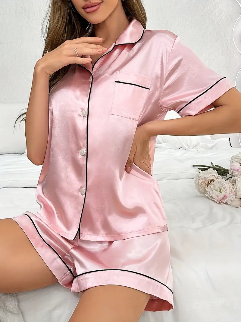 Klasyczny satynowy komplet piżamowy w kolorze pudrowego różu z czarną lamówką