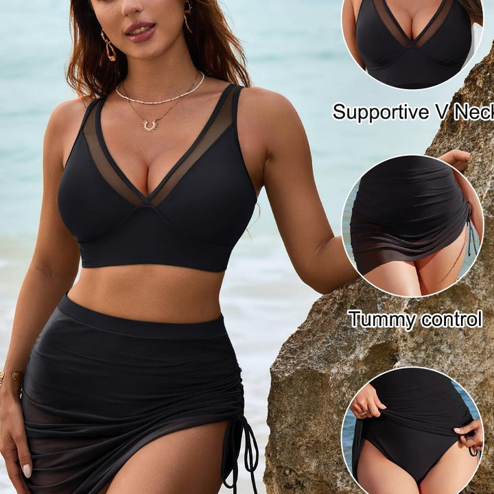Komplet bikini z siateczki modelującej brzuch i wysokim stanem