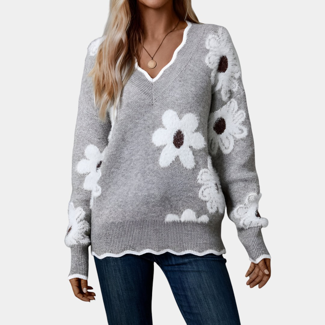 Felicja - Elegancki Sweter z Dekoltem w Serek w Kwiaty