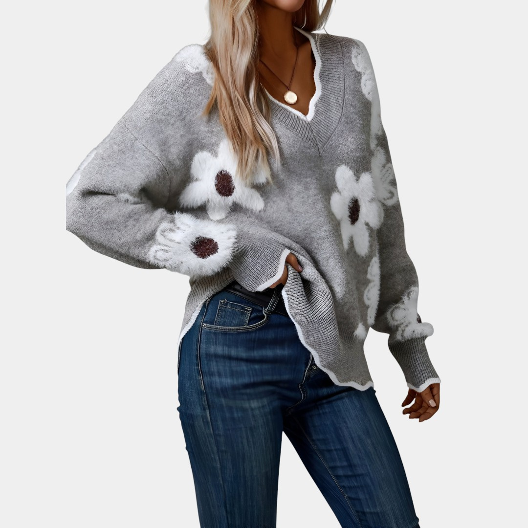 Felicja - Elegancki Sweter z Dekoltem w Serek w Kwiaty
