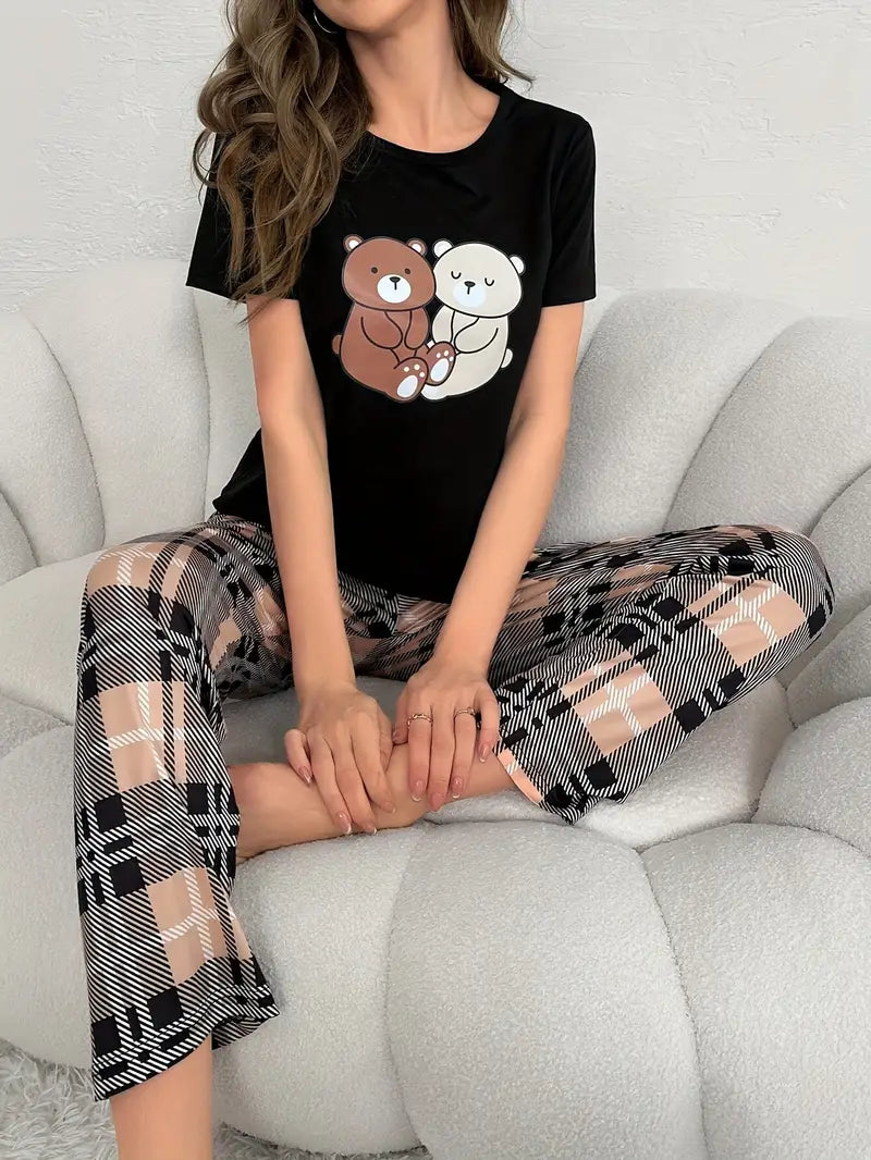 Czarna piżamka damska z nadrukiem misiów i spodniami w kratę