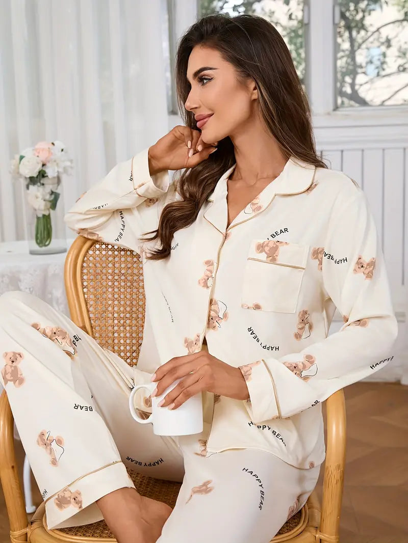 Piżamka z długim rękawem w misie w kolorze ecru