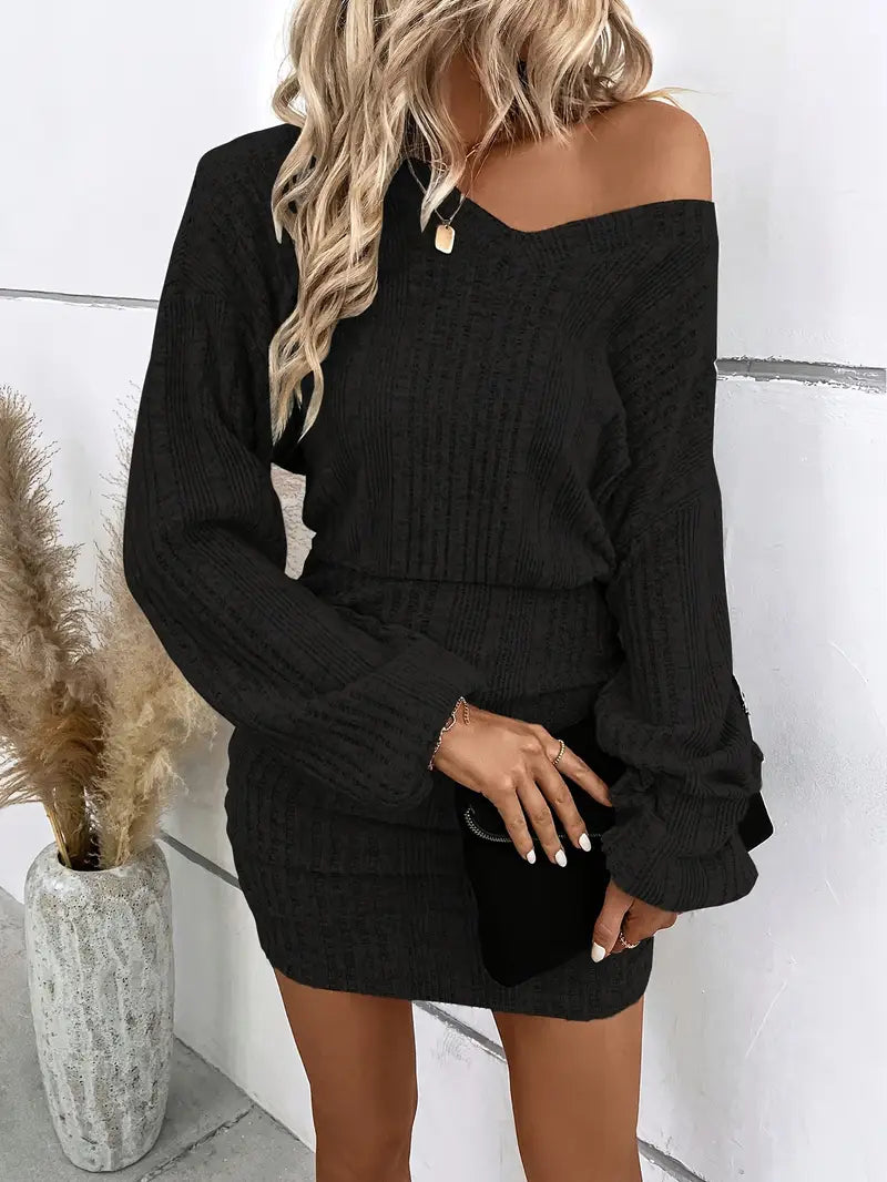 Dzianinowa sukienka v neck w kolorze czarnym