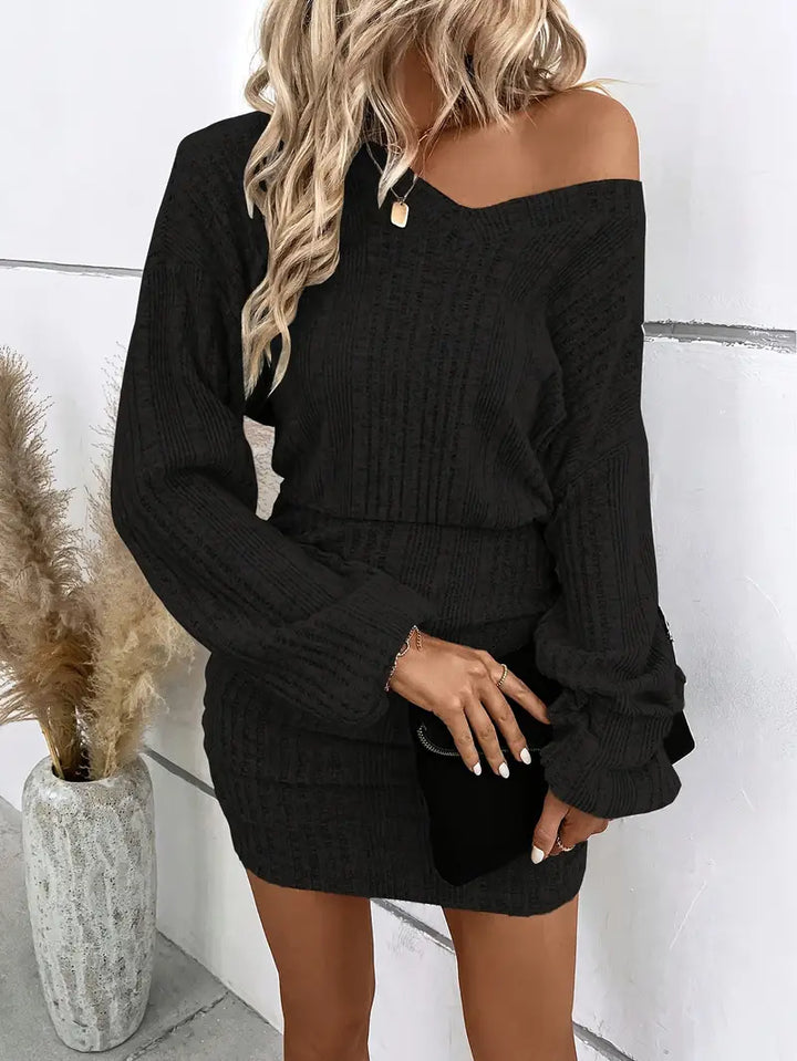 Dzianinowa sukienka v neck w kolorze czarnym